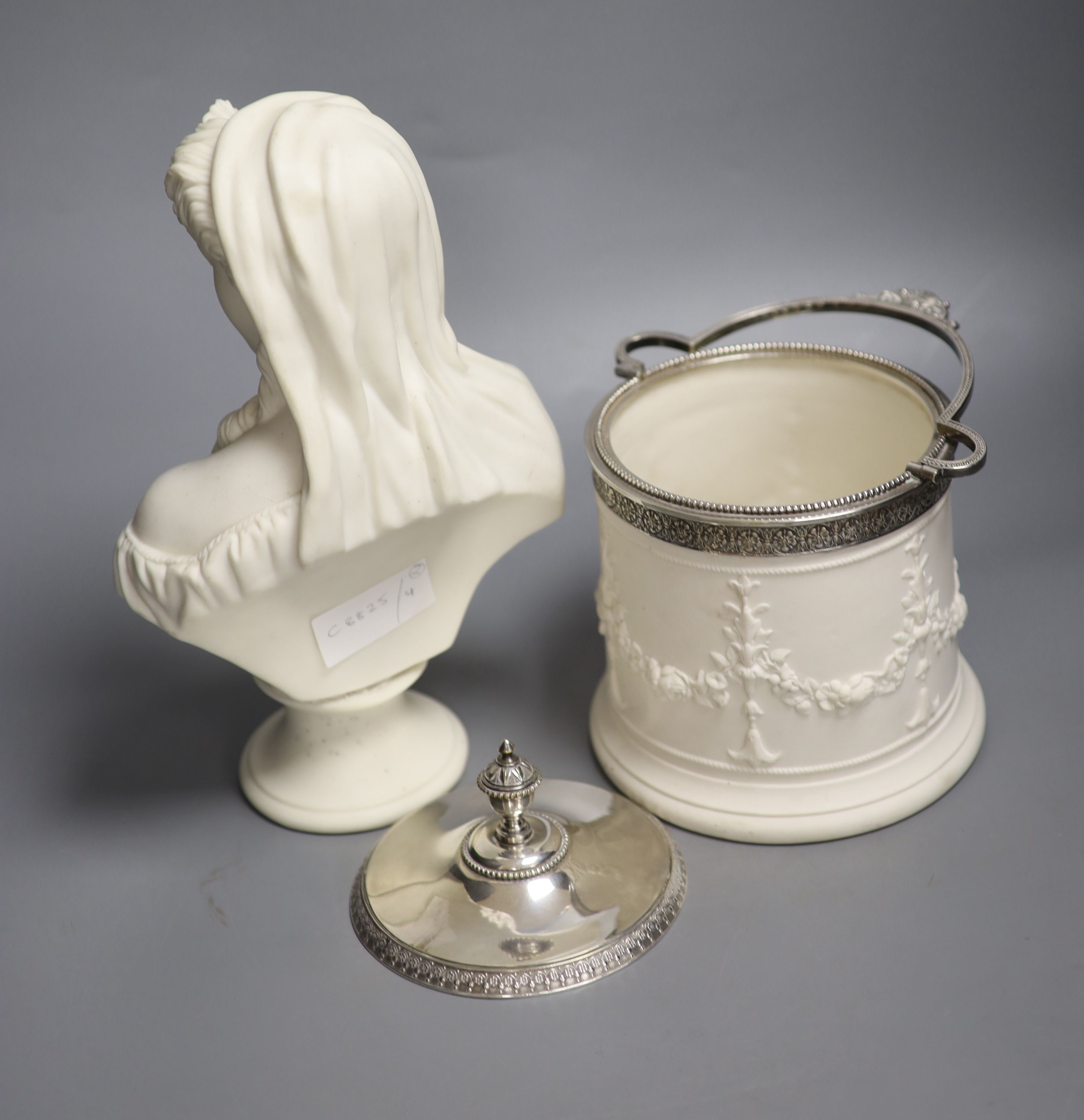 A Parian bust of a lady, height 29.5cm, and a Victorian biscuit barrel with plated mount and cover